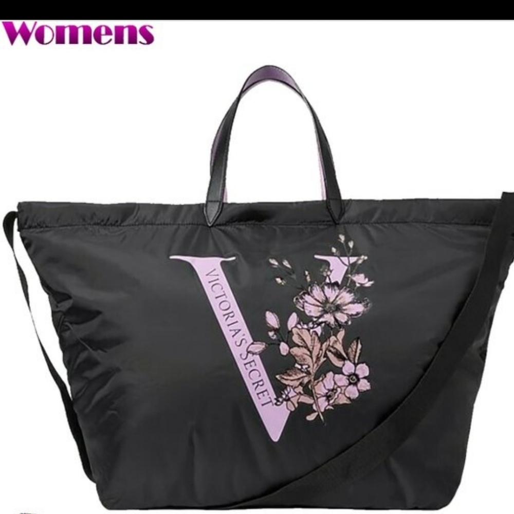Victoria's Secret Tote Bag Puffy Black Nylon Lilac Logo Floral